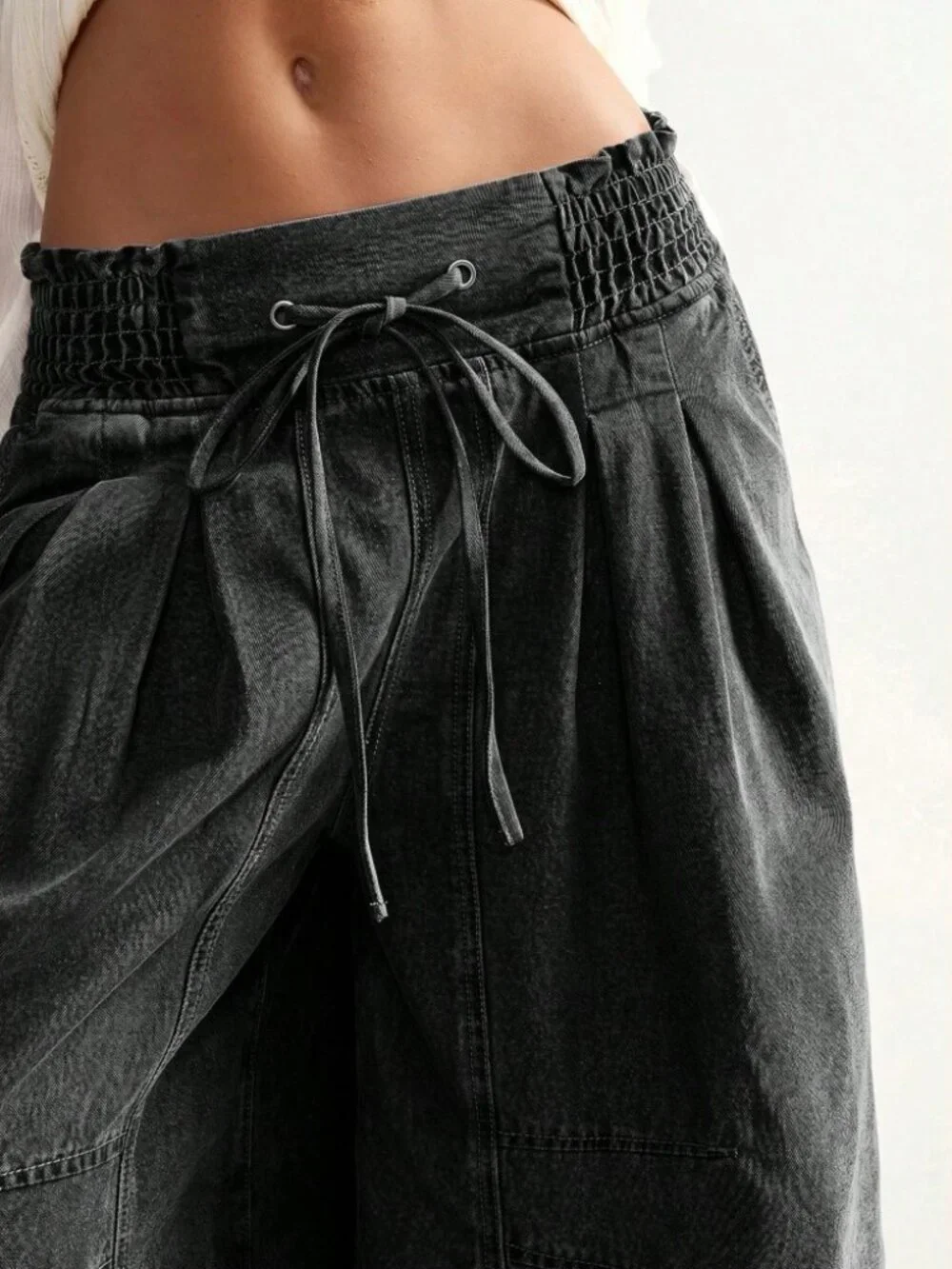 Black Denim Bermuda Shorts - Smocked Waist Drawstring